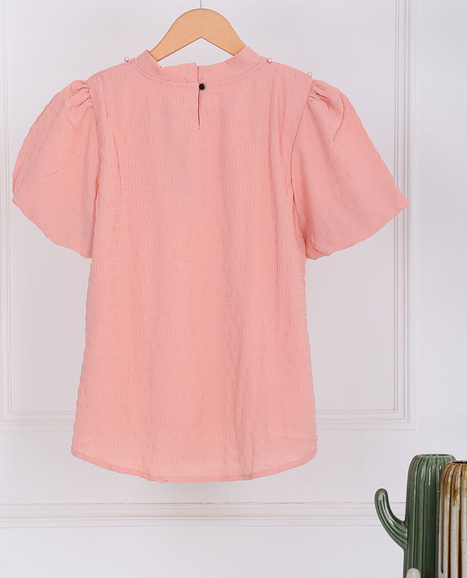 Peach pearl bead embroidered front round-neck & short sleeve top