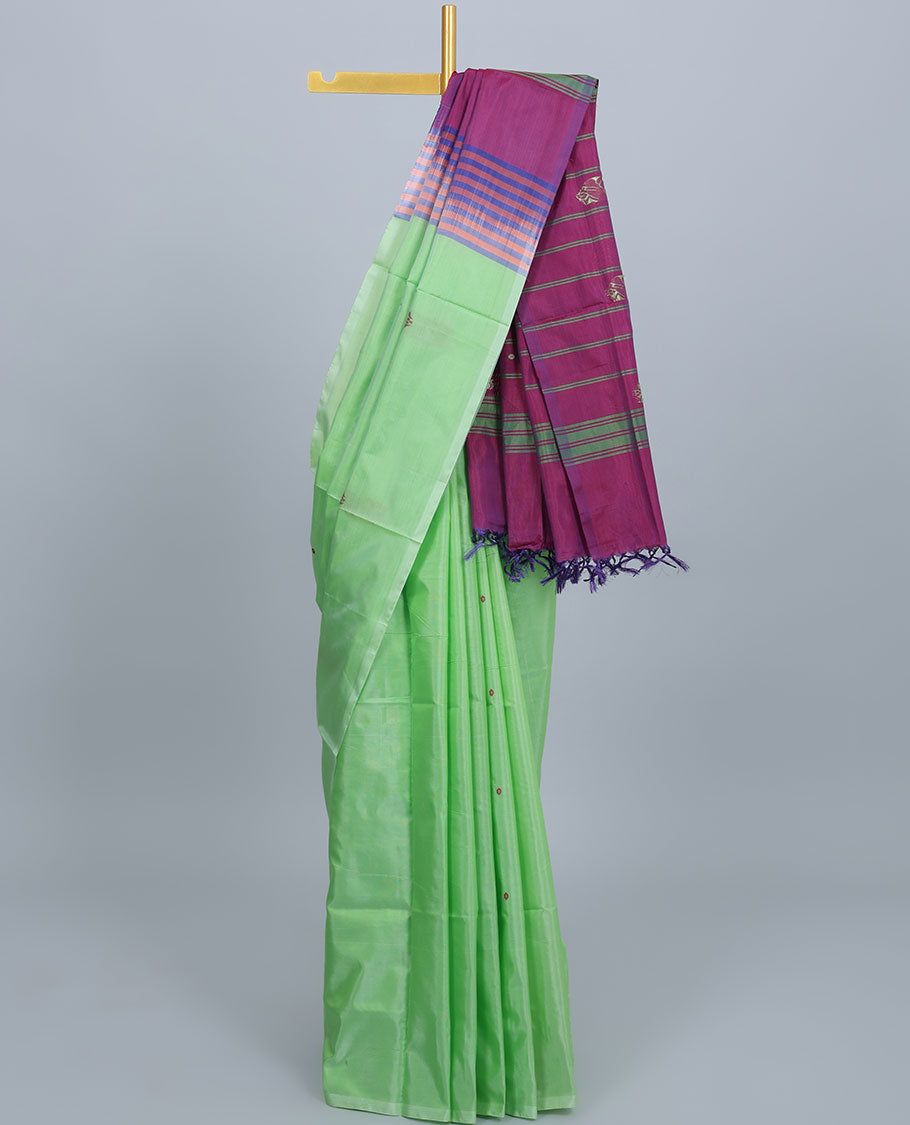Banana Pith (Vaazhai Naar) Golden Brown Borderless Saree with Teal Butta Motifs - Handwoven