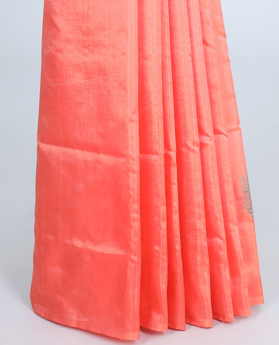 Borderless orange banana pith saree with all-over buttas, contrast pallu of stripes