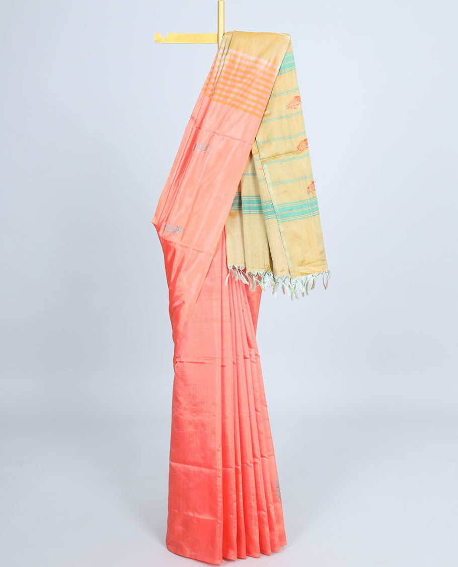 Borderless orange banana pith saree with all-over buttas, contrast pallu of stripes