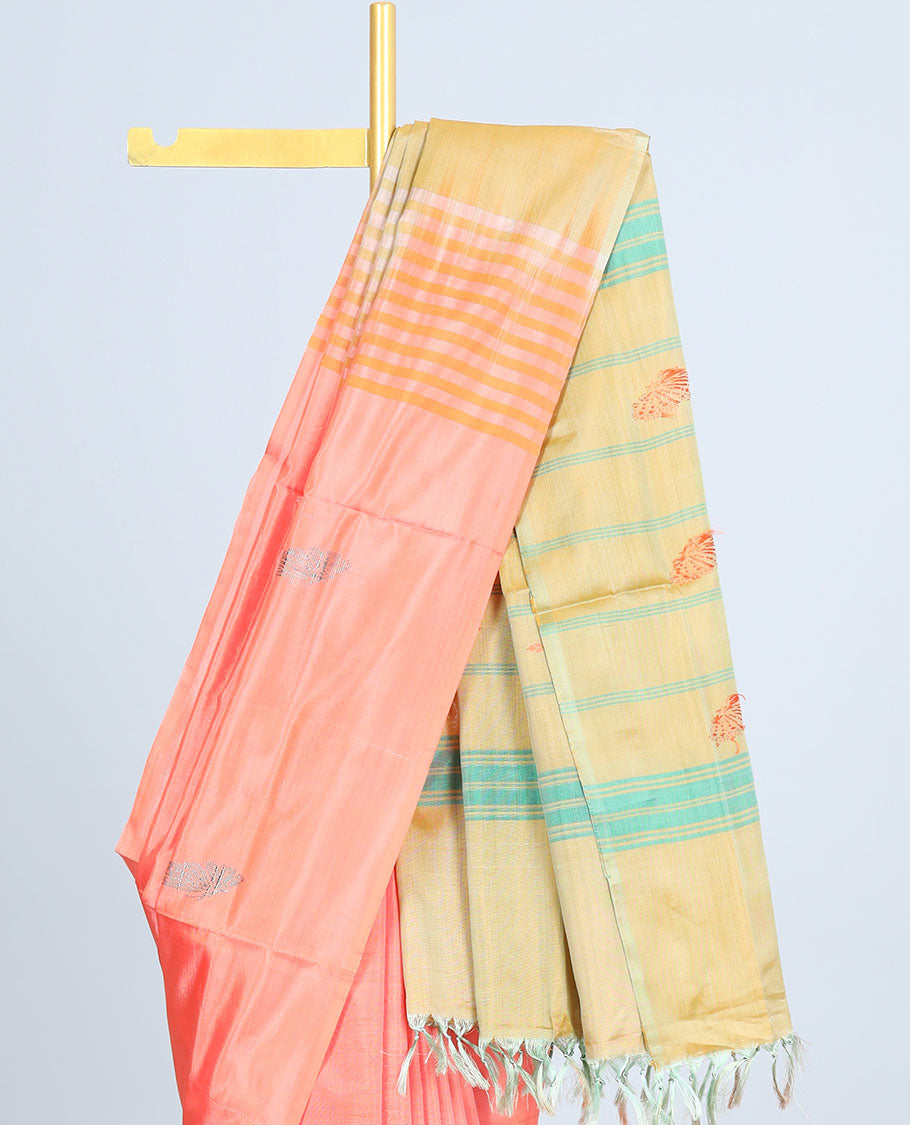 Borderless orange banana pith saree with all-over buttas, contrast pallu of stripes