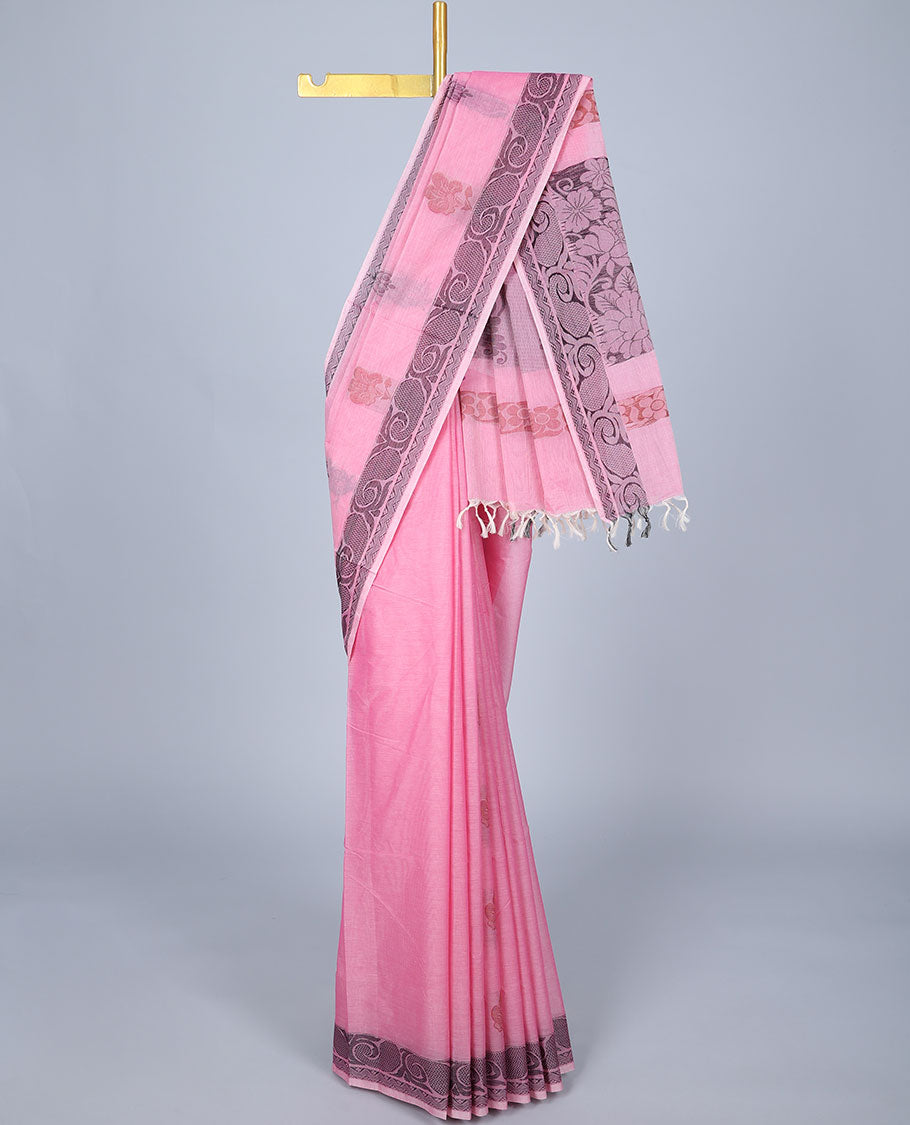 Blue floral buttas mushru silk saree, floral-creeper design zari border, and jaal pallu main image 1