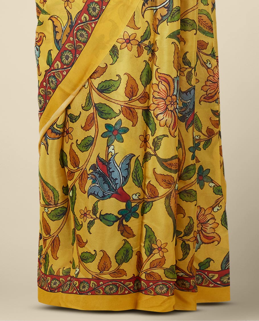 Yellow kaleidoscopic-colored kalamkari-style floral vine design digital printed semi banaras crepe,floral creeper print border