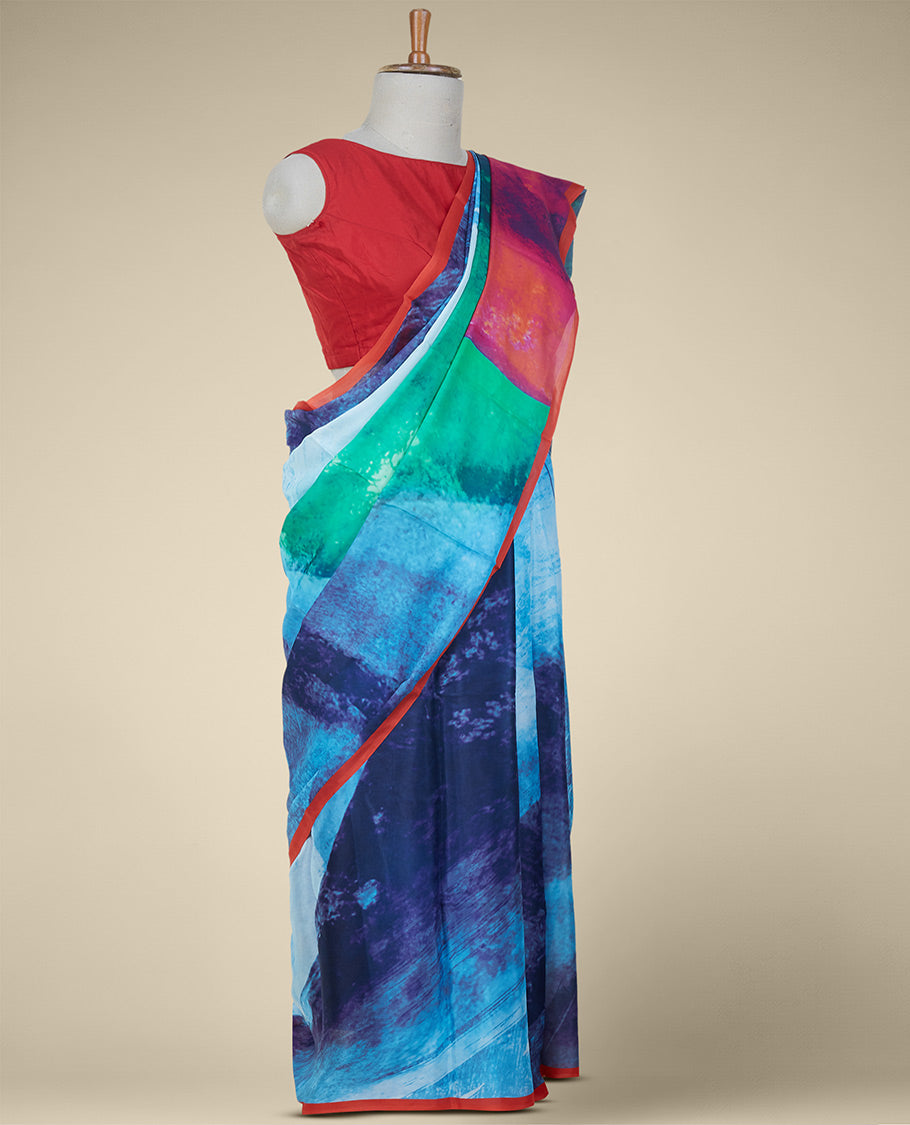 Borderless multi-color painting-style abstract printed semi banaras crepe saree