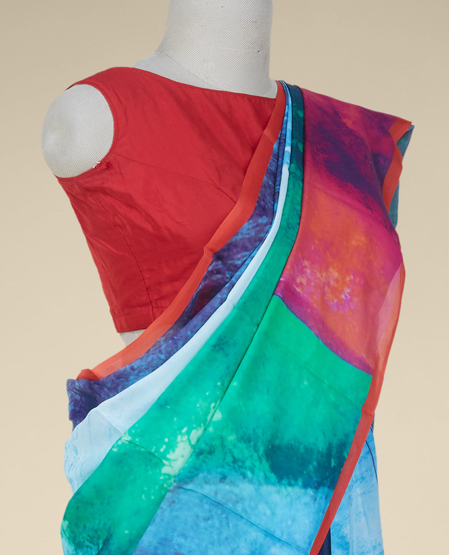 Borderless multi-color painting-style abstract printed semi banaras crepe saree