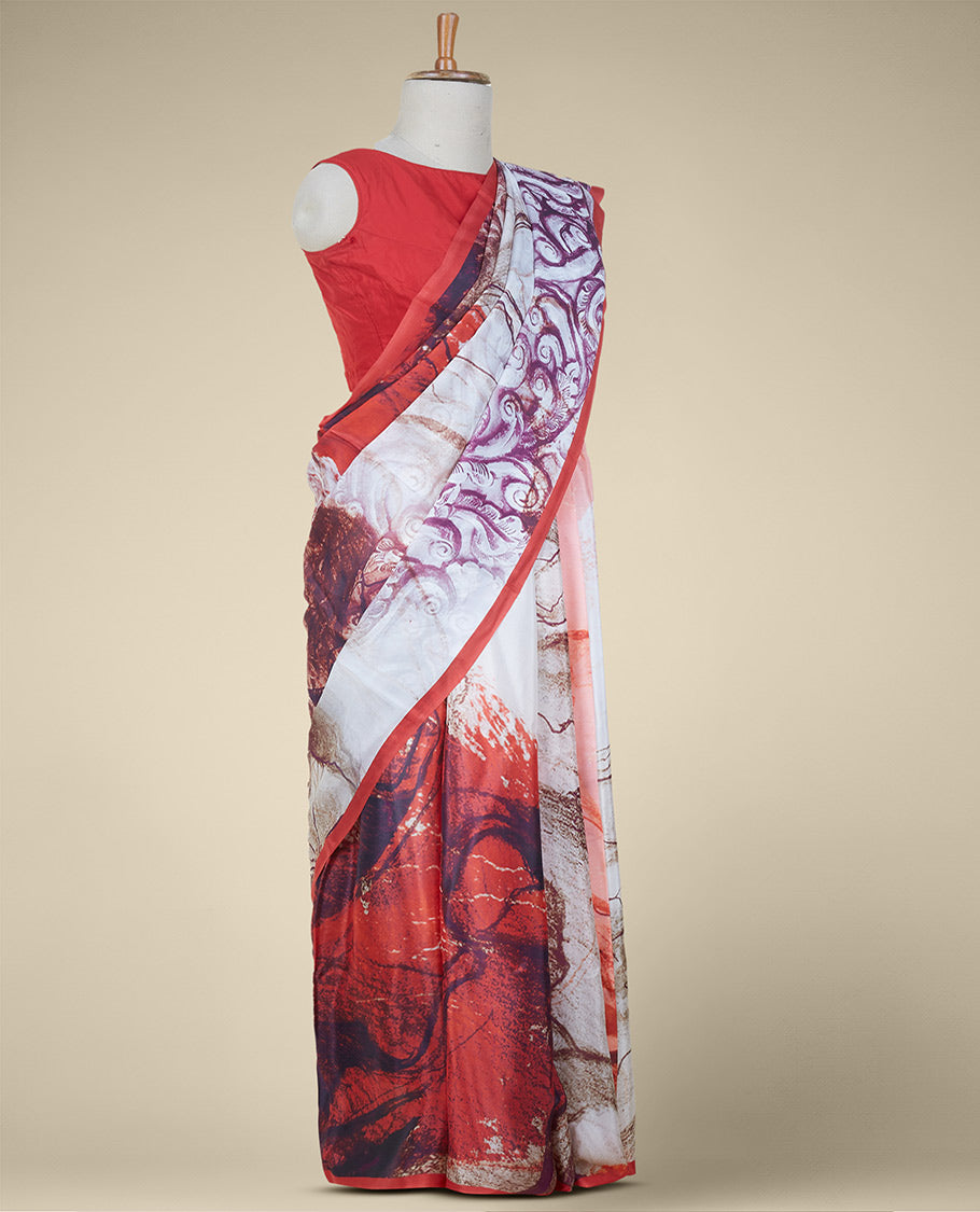 Borderless multi-color painting-style uniquely printed semi banaras crepe saree