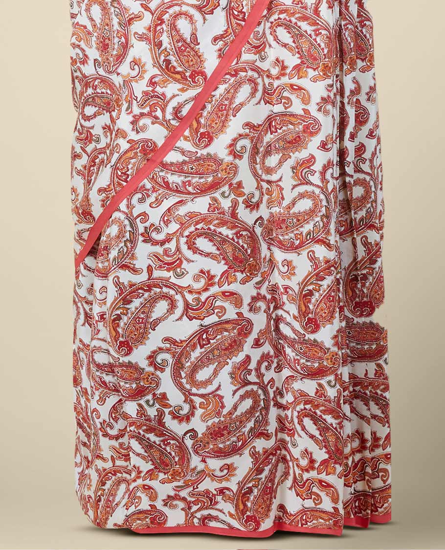 Borderless cream intricate paisley motifs printed fancy crepe saree