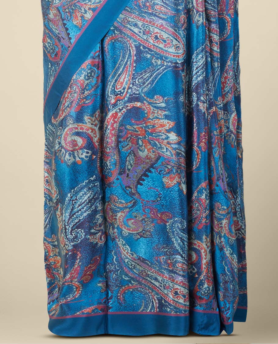Blue intricate paisley designs printed fancy crepe saree, plain border