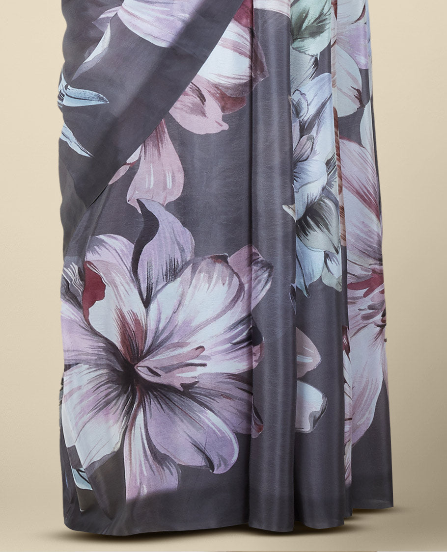 Grey colorful macro-size floral motifs printed semi banaras crepe saree