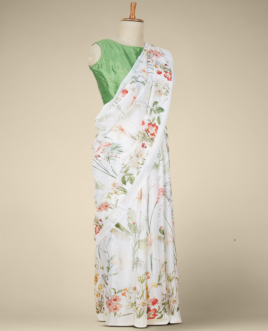 Multi Color printed semi banaras crepe saree with unique floral vine designs