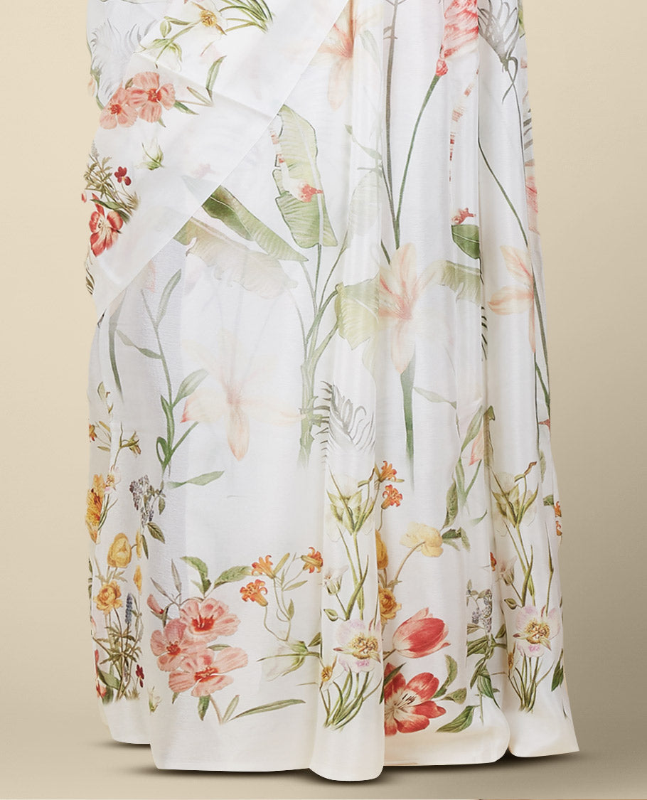 Multi Color printed semi banaras crepe saree with unique floral vine designs