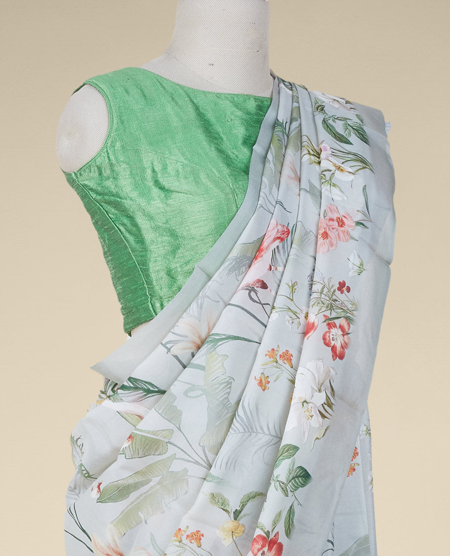 Multi color printed semi banaras crepe saree with unique floral vine designs