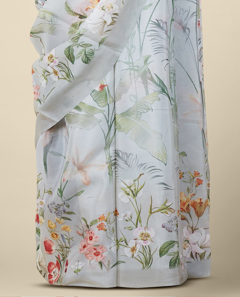 Multi color printed semi banaras crepe saree with unique floral vine designs