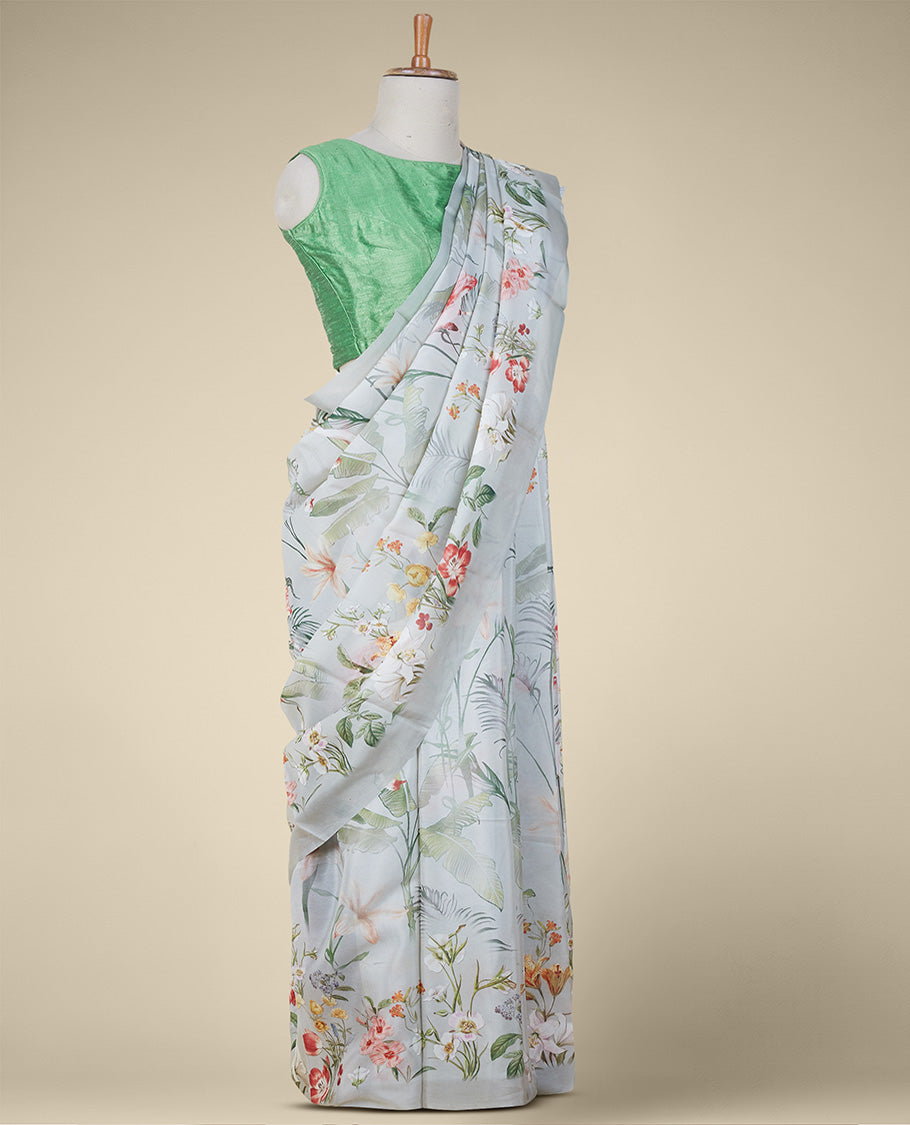 Multi color printed semi banaras crepe saree with unique floral vine designs