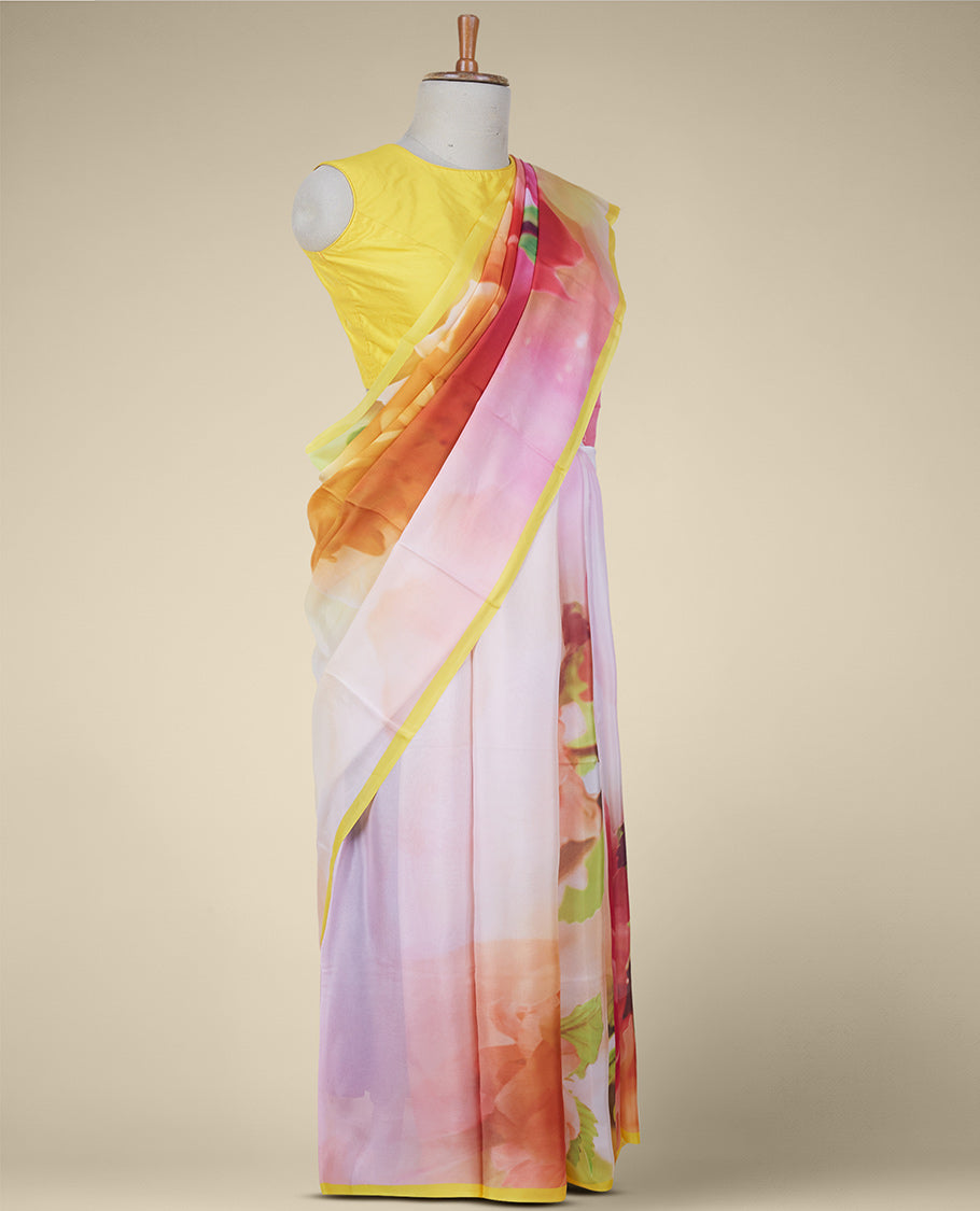Borderless multi-color abstract-style uniquely printed semi banaras crepe saree