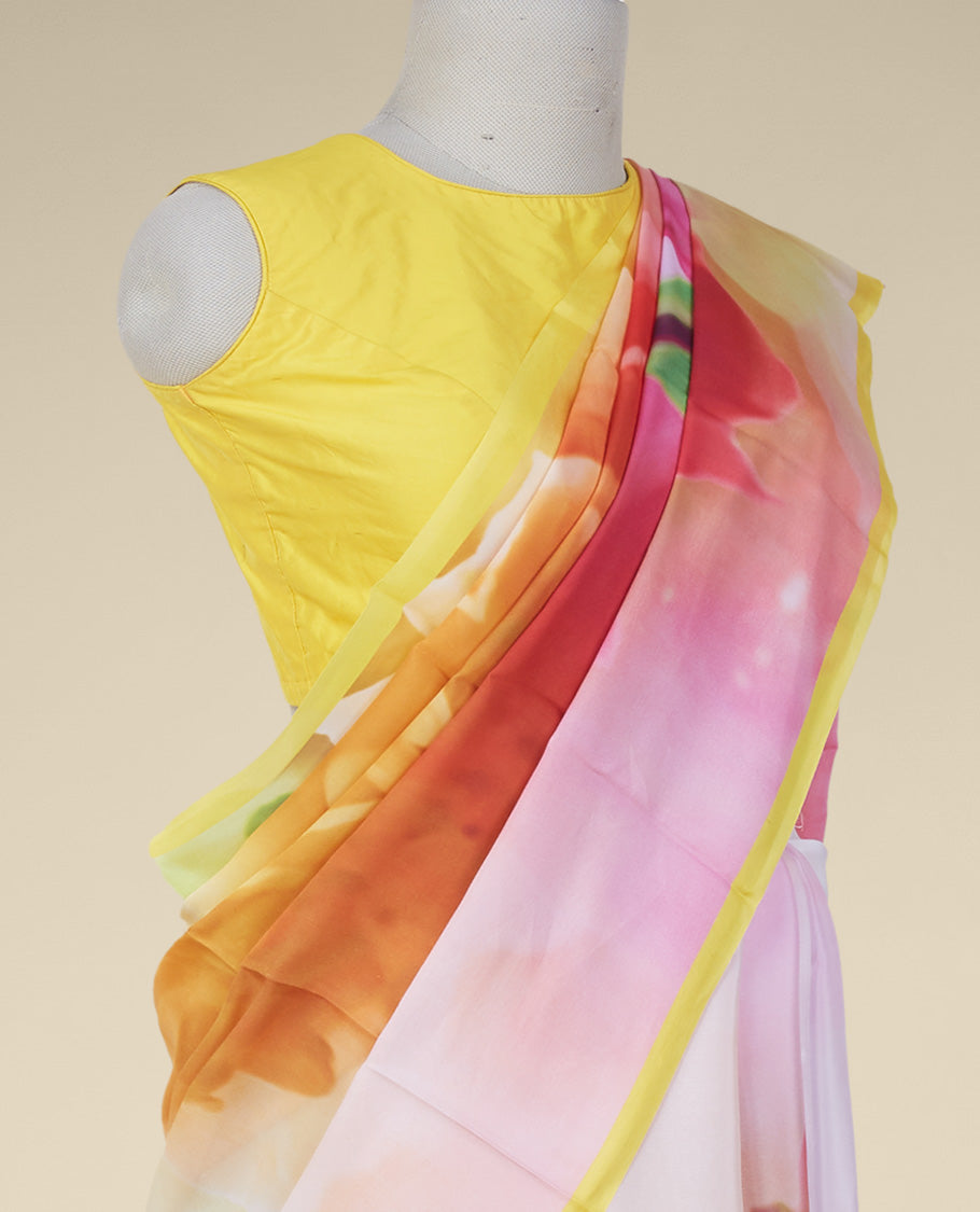 Borderless multi-color abstract-style uniquely printed semi banaras crepe saree