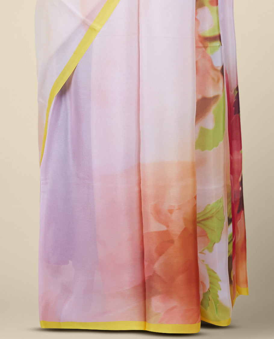 Borderless multi-color abstract-style uniquely printed semi banaras crepe saree