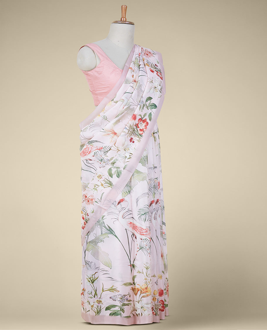 Baby pink printed semi banaras crepe saree with unique floral vine designs
