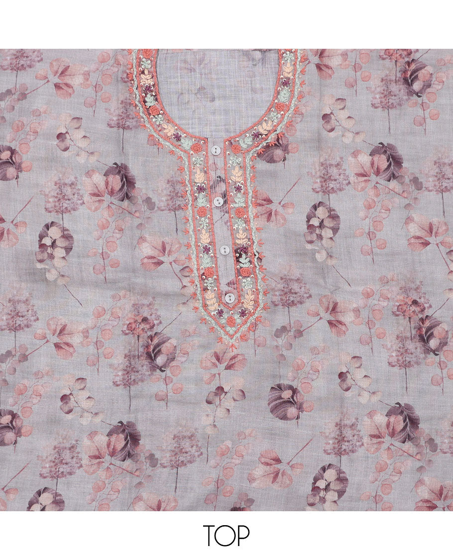 Green material chudidhar set, floral printed & neck thread embroidery linen top, plain cotton bottom & solid dupatta