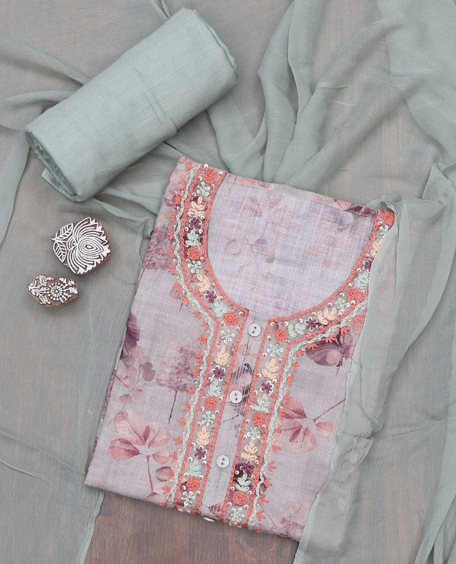 Green material chudidhar set, floral printed & neck thread embroidery linen top, plain cotton bottom & solid dupatta