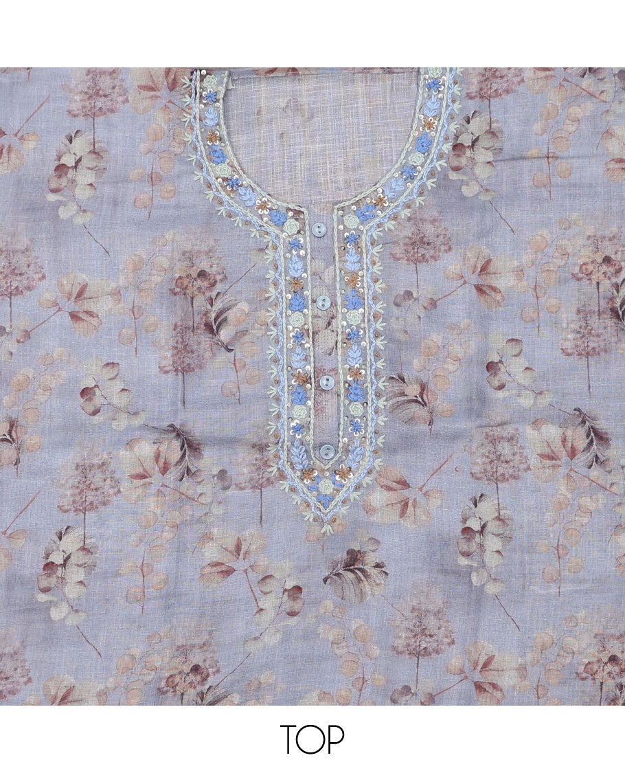 Blue material chudidhar set, floral printed & neck thread embroidery linen top, plain cotton bottom & solid dupatta