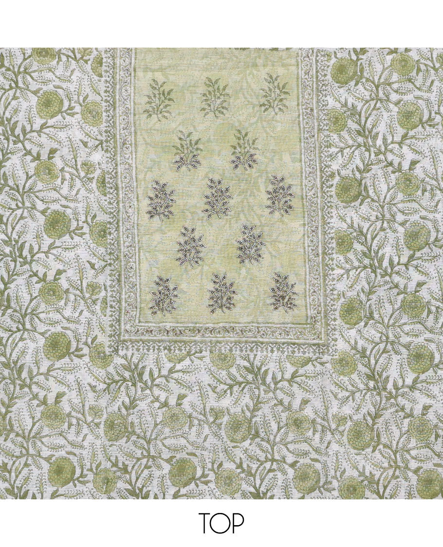 Green material chudidhar,floral print & neckwork kota cotton top,santoon plain bottom & contrast chevron print dupatta