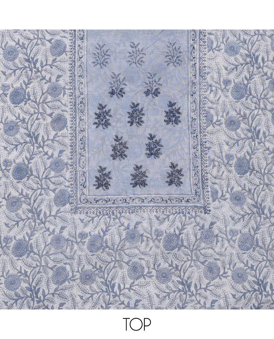 Blue material chudidhar,floral print & neckwork kota cotton top,santoon plain bottom & contrast chevron print dupatta