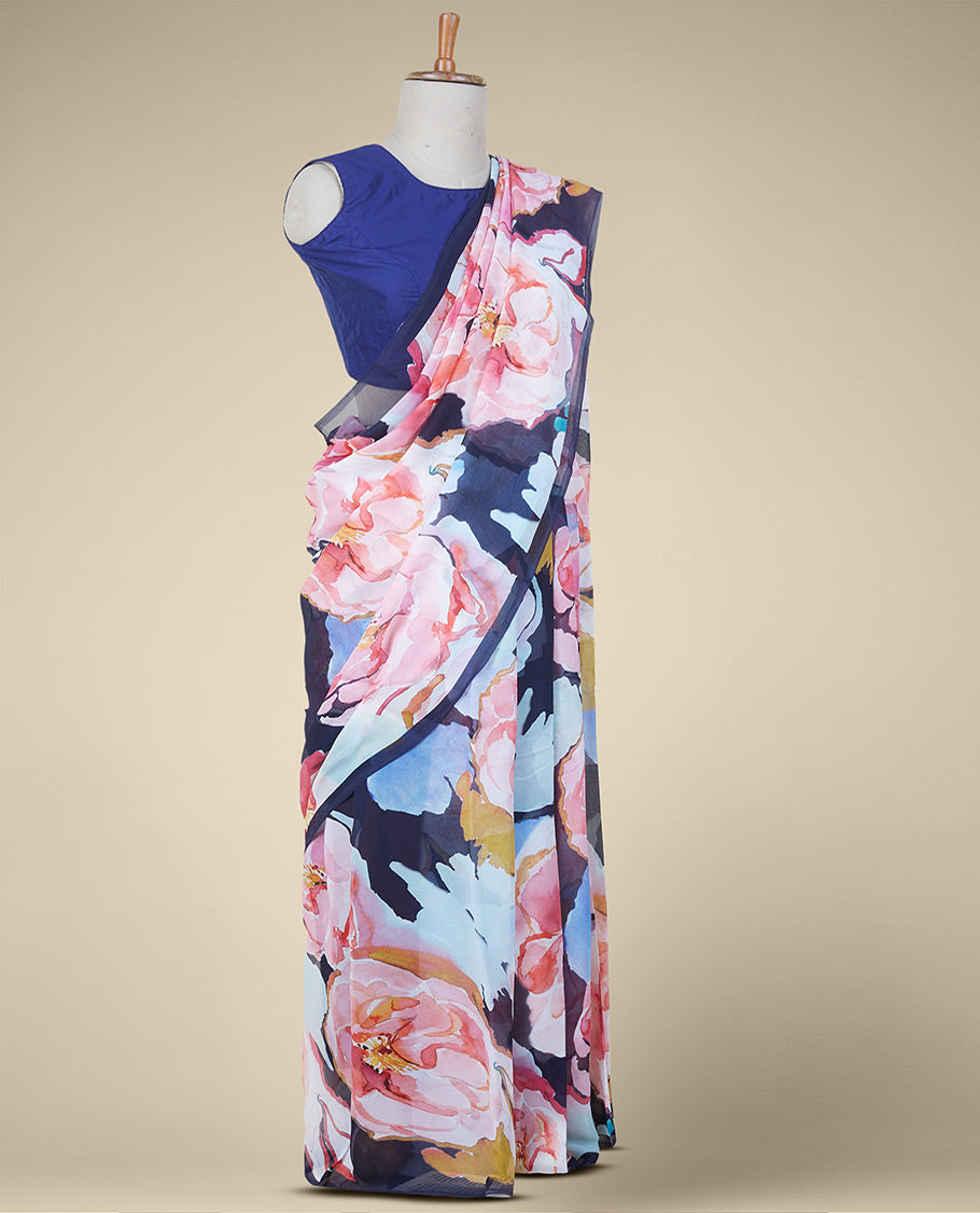 Borderless multi-color big rose floral motifs printed pure chiffon saree