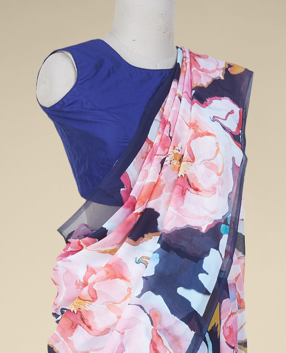 Borderless multi-color big rose floral motifs printed pure chiffon saree