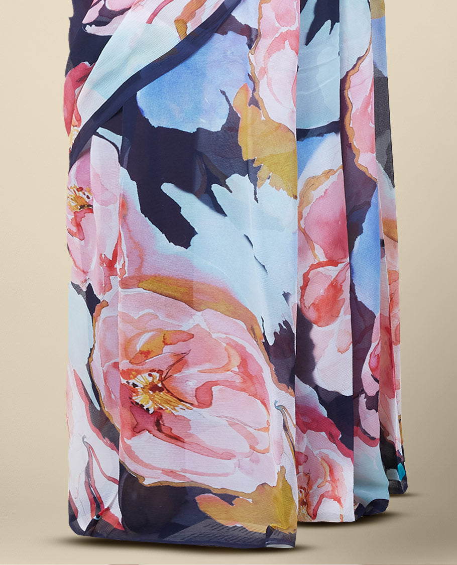 Borderless multi-color big rose floral motifs printed pure chiffon saree