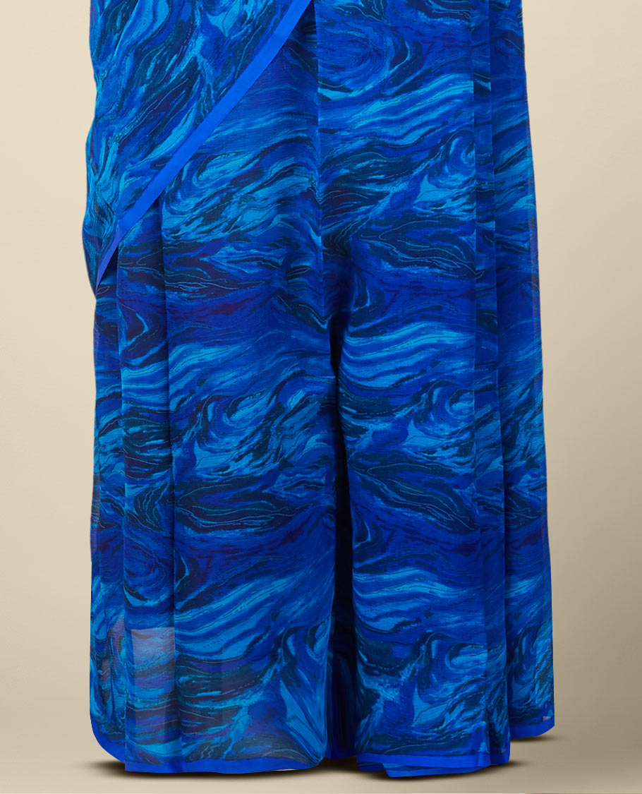 Borderless blue abstract-style printed pure chiffon saree