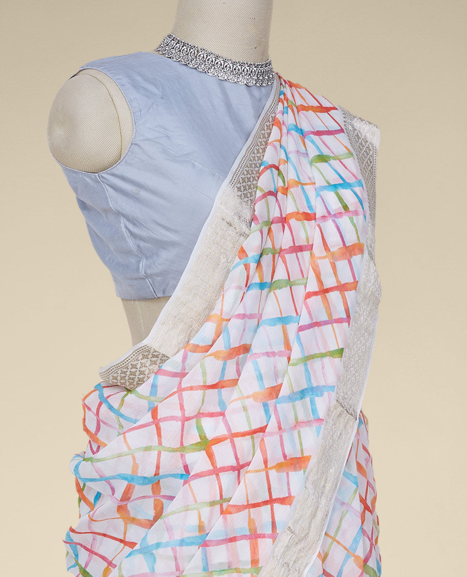 Multi-color geometric printed pure chiffon saree, zari border of intricate designs