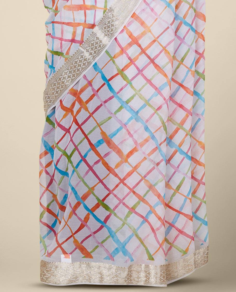 Multi-color geometric printed pure chiffon saree, zari border of intricate designs
