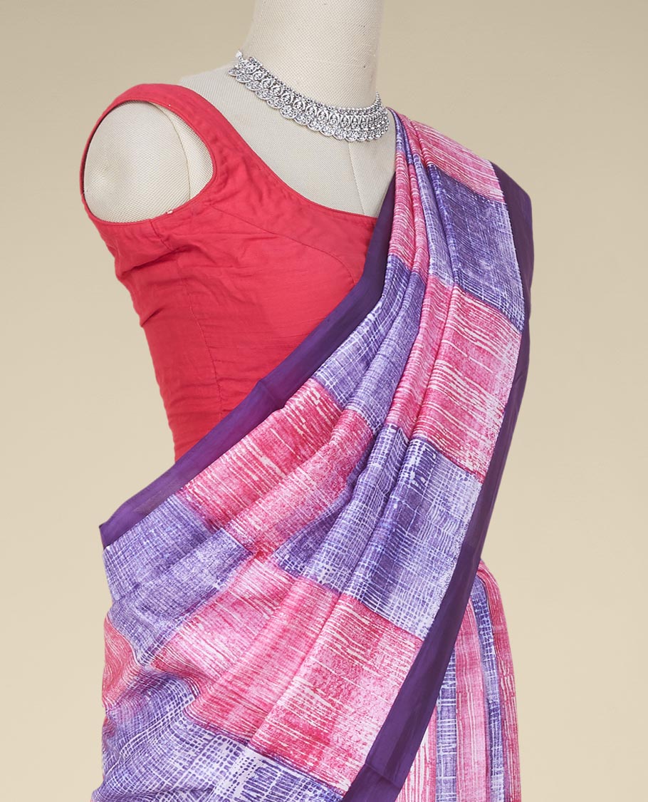 Multi-color uniquely printed silk saree, contrast plain border