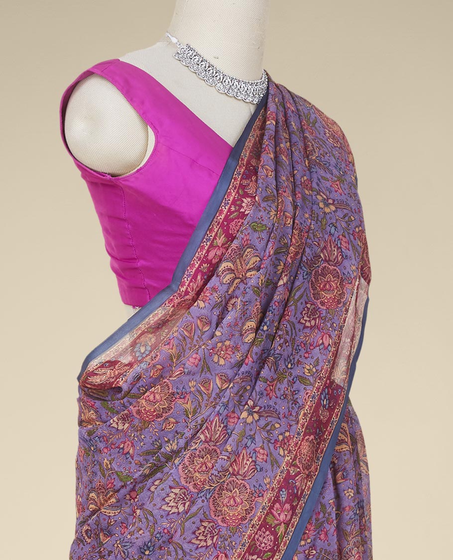 Purple intricately floral vine printed pure chiffon saree, contrast floral printed border