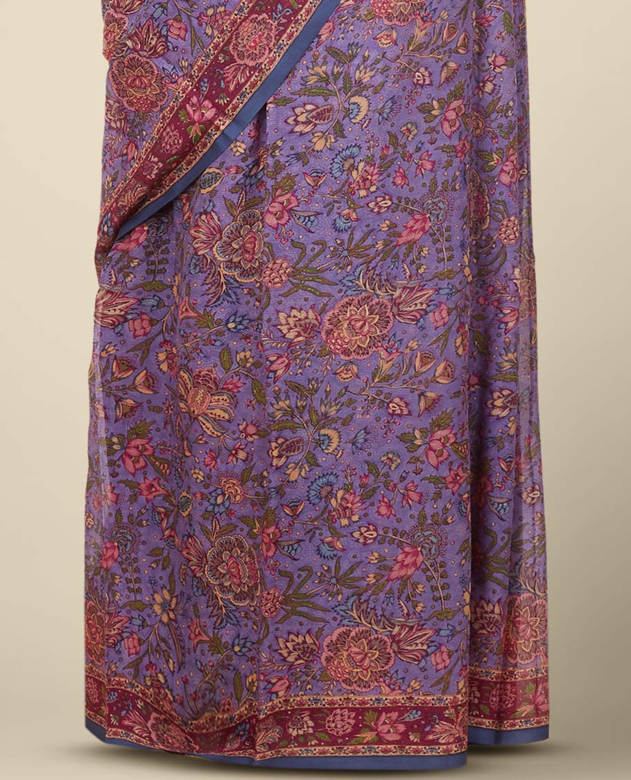 Purple intricately floral vine printed pure chiffon saree, contrast floral printed border