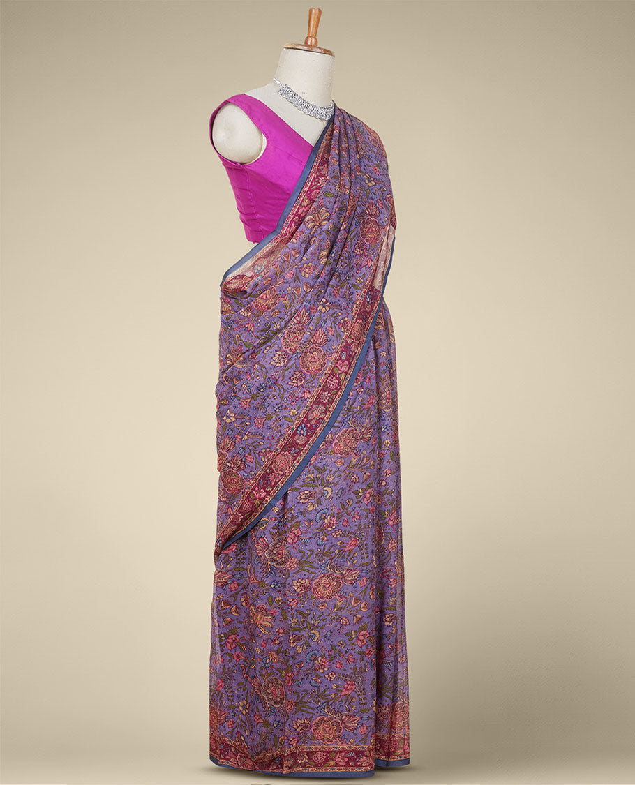 Purple intricately floral vine printed pure chiffon saree, contrast floral printed border