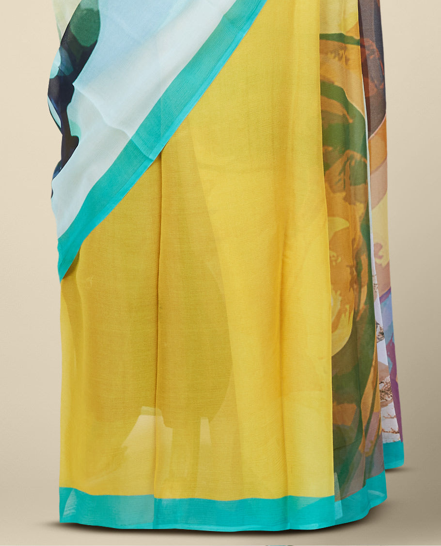 Multi-color abstract-style digital printed pure chiffon saree with contrast plain border