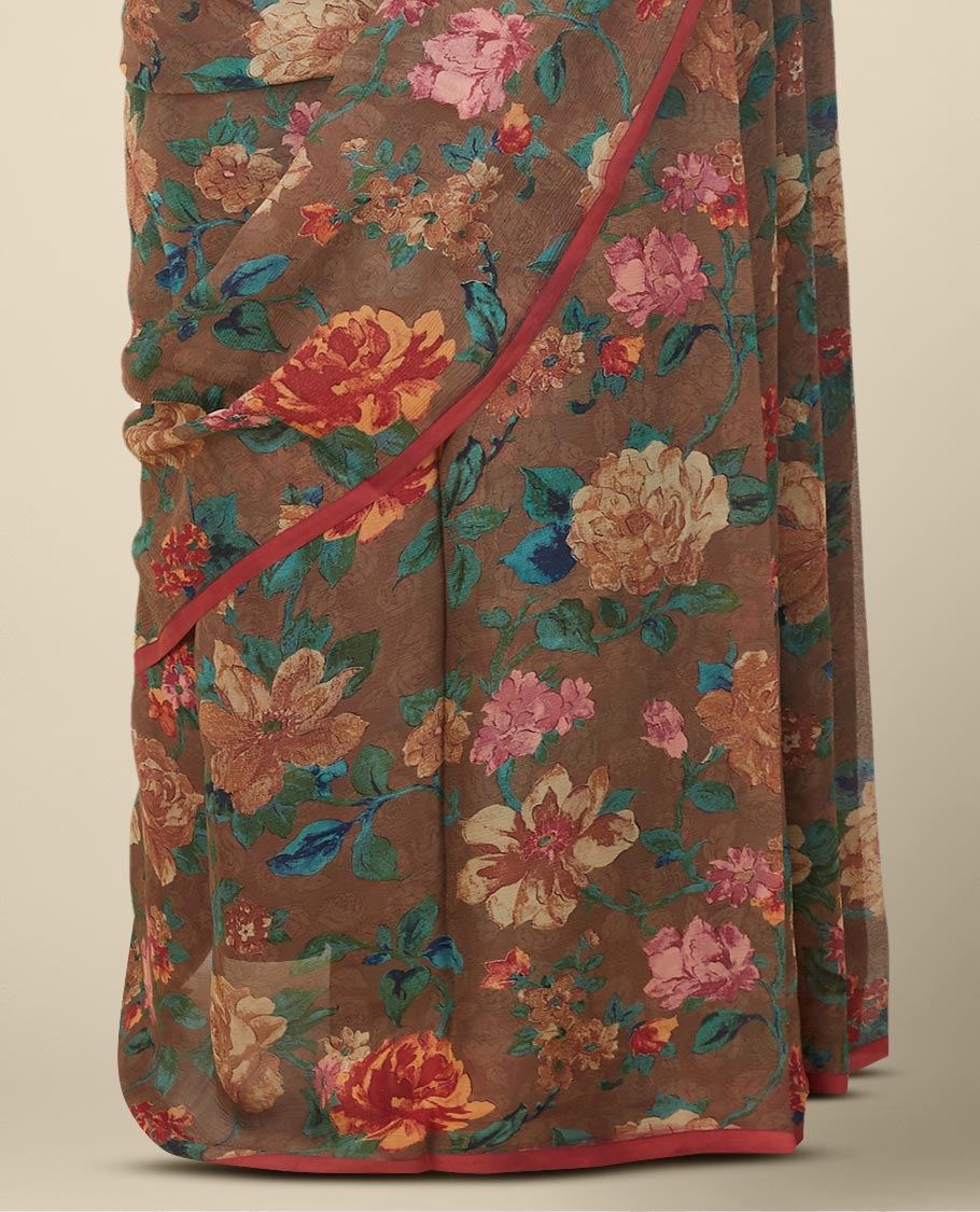 Borderless brown colorful floral printed pure chiffon saree