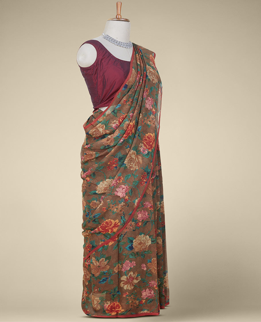 Borderless brown colorful floral printed pure chiffon saree