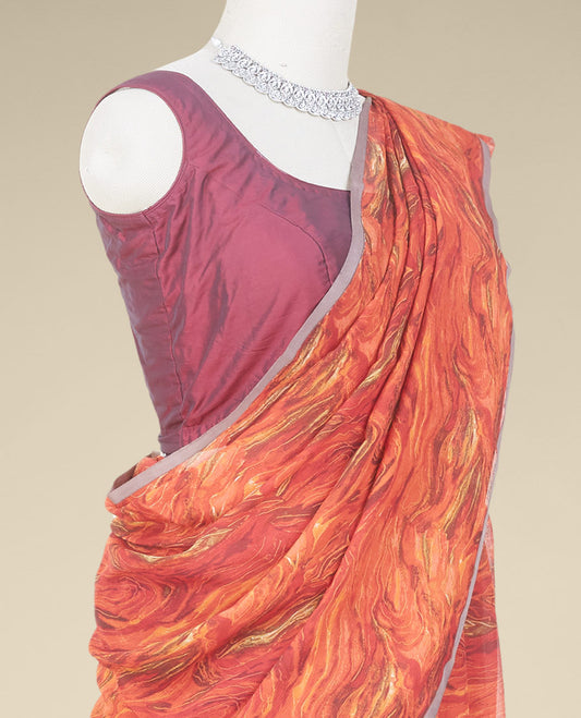 Borderless orange abstract-style printed pure chiffon saree