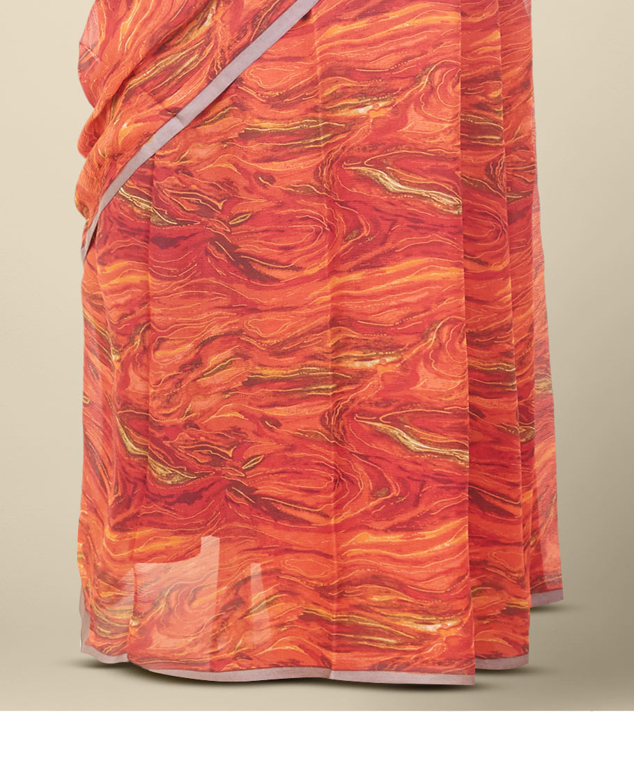 Borderless orange abstract-style printed pure chiffon saree