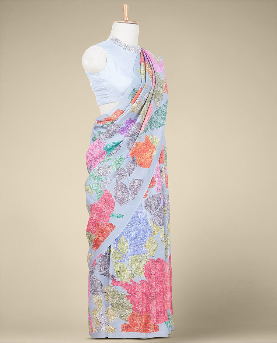 Borderless grey floral & leaf themed-designs digital printed Italian crepe saree