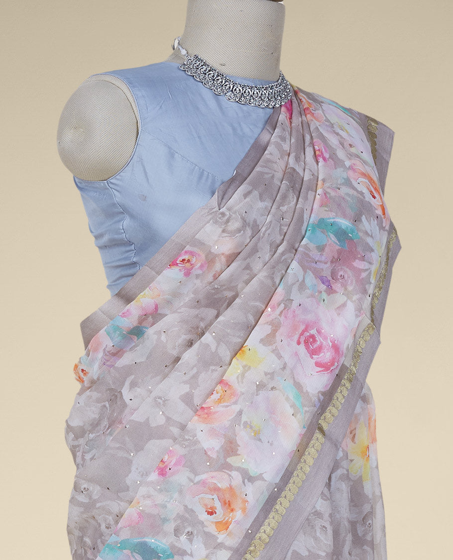 Grey floral designs digital printed with stone work pure chiffon saree, zari paisley motif border