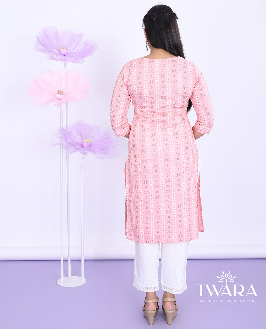 Pink unique motifs printed round neck with 3/4th sleeve rayon straight-cut below-knee kurti