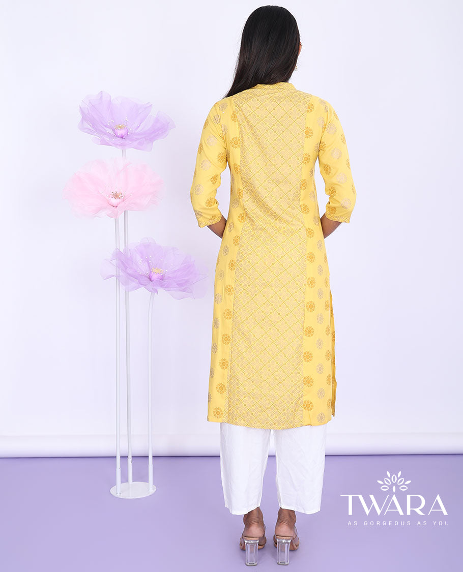 Yellow chakram motifs printed Chinese collar with 3/4th sleeve cotton straight-cut knee-length kurti