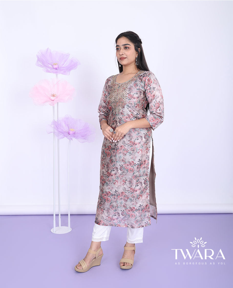 Twara Grey floral printed & bead embroidered round neck with 3/4th sleeve tissue straight-cut below-knee kurti