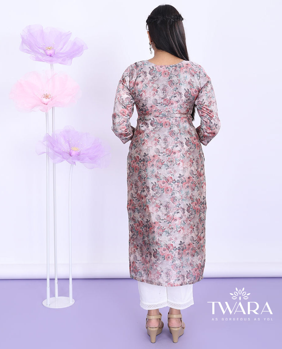 Twara Grey floral printed & bead embroidered round neck with 3/4th sleeve tissue straight-cut below-knee kurti