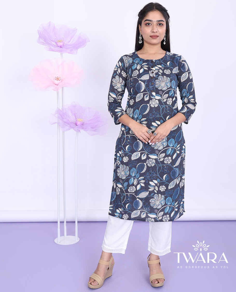 Blue floral vine printed round neck with 3/4th sleeve cotton straight-cut below-knee kurti