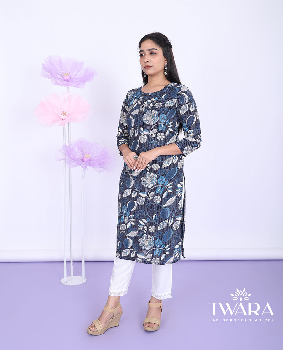 Blue floral vine printed round neck with 3/4th sleeve cotton straight-cut below-knee kurti